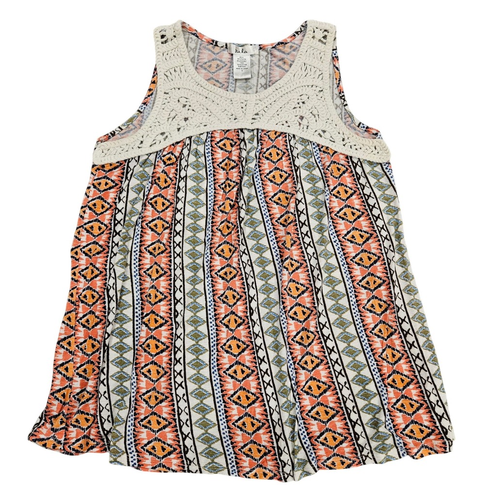Bela Womens Boho Tribal Print Crochet Lace Yoke Tank Top Orange Blue Small